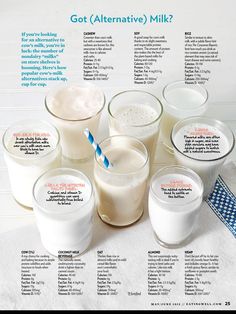 a table topped with lots of different types of milks and glasses filled with milk