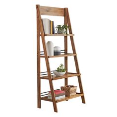 a wooden ladder shelf with books and plants on the top, against a white background