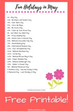 the free printable fun holidays in may list