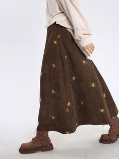 This High Waist Corduroy Embroidery Long Retro Skirt is perfect for any occasion. It is crafted with a blend of Polyester and slight stretch for increased comfort. The waist is naturally tailored to provide a snug fit. The mid-calf length and trumpet/mermaid silhouette make it an ideal fit for both casual and formal events. Embroidery on the fabric adds an ornamental touch. 70s Corduroy Skirt, Mid Size Cottagecore, Vintage Corduroy Skirt, Cottagecore Skirt Outfit, Long Corduroy Skirt Outfit, Nature Style Clothing, Vintage Formal Outfit, Mori Style Outfits, Corduroy Embroidery