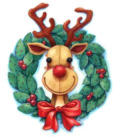 a christmas wreath with a reindeer's head in the center and holly wreath around it