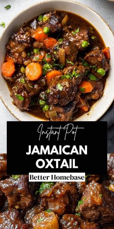 jamaican oxtail with carrots and potatoes in a white bowl next to the recipe title