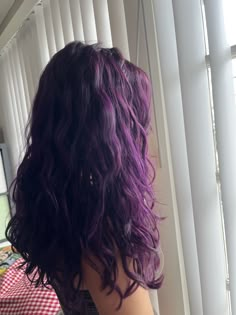 Purple On Brunette Hair, Plum Purple Curly Hair, Hair Dye Ideas For Wavy Hair, Purple Dye On Brown Hair, Purple Hair On Brown Hair, Bluish Purple Hair, Dark Purple Hair Aesthetic, Grunge Purple Hair, Brunette Hair With Purple Highlights