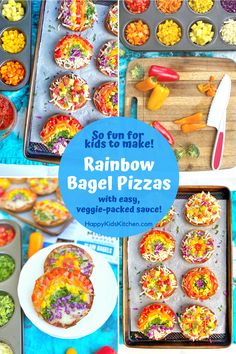 rainbow bagel pizzas with easy veggie - packed sauce for kids to make