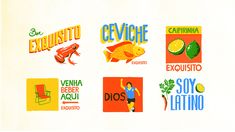 an image of logos for different foods and drink options on a white background with oranges, lemons, and limes