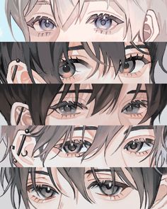 three different anime eyes and one with short hair, the other with long eyelashes on it