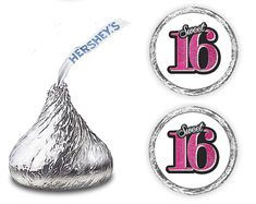 hershey's sweet sixteen stickers on top of a silver foil wrapper