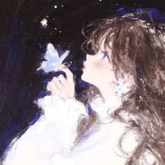 a painting of a woman holding a flower in her right hand and looking at the sky