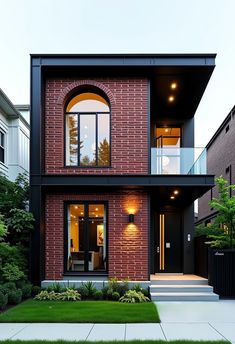 a brick house with an open front porch and stairs leading up to the second floor