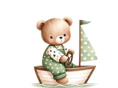 a teddy bear sitting on top of a boat with a green sailboat in the background