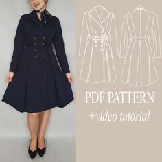 a women's coat and dress sewing pattern, with the image of a woman in black shoes