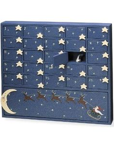 a blue wooden toy chest with santa's sleigh and reindeers on it