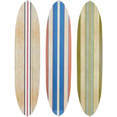 three surfboards are lined up against a white background