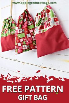 three christmas bags hanging from clothes pins with text overlay that says free pattern gift bag