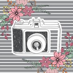 a camera surrounded by flowers on a striped background