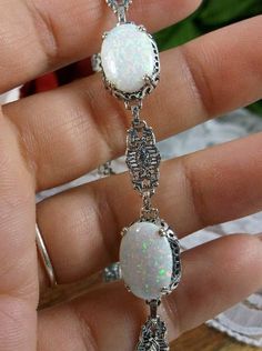 Opal Bracelet, sterling silver filigree, lobster claw clasp, Edwardian Jewelry October Birthstone Jewelry, Rainbow Opal, Edwardian Style, Vintage Style Jewellery, Opal Bracelet, Edwardian Fashion, Matching Rings, Shiny Things, Engraved Items