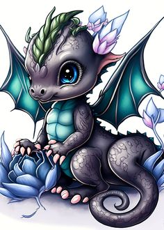 a small dragon sitting on top of a blue flower