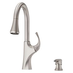 a stainless steel kitchen faucet with an angled spout and side sprayer