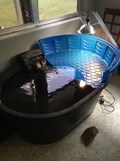 a large blue tub sitting next to a window