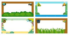 four different frames with cartoon cars and trees in the background, one is for children to write