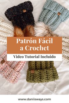 four crocheted hats with text that reads patron facii a crochet video