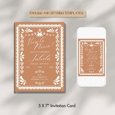 an orange and white wedding card with the text, english and spanish templates on it