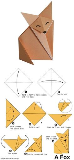 an origami fox is shown with instructions to make it look like the animal