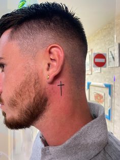 Behind Ear Men Tattoo, Small Behind The Ear Tattoo Ideas Men, Tattoo Cross Men, Behind Ear Cross Tattoo, Ear Cross Tattoo, Behind Ear Tattoo Men, Cross Tattoo Behind Ear