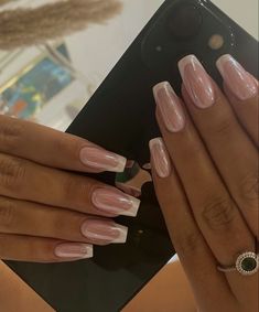 Engagement Nails Square Long, Square Acrylic Wedding Nails, Professional Pink Nails, Chrom Nails French, Coffin Vs Square Nails, French Crome Nails Design, French Chrome Nails Designs, Crome Nails Square, Chrome French Tip Nails Square