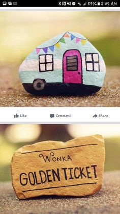 two rocks with the words wonka golden ticket written on them and an image of a camper