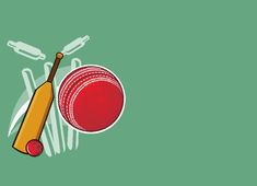 a cricket ball and bat on a green background with some crayons around it