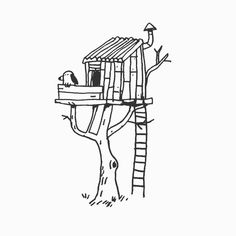 a drawing of a tree house with a ladder to the top and a bird perched on it