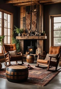 a living room filled with furniture and a fire place in the middle of the room