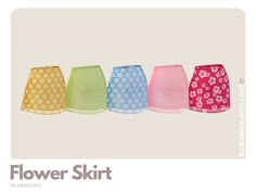 four different colored skirts are lined up in the same row, each with flowers on them