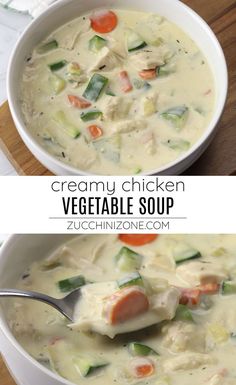 creamy chicken vegetable soup in a white bowl with a spoon