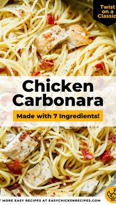 chicken carbonara made with 7 ingredients in a skillet and text reads chicken carbonara made with 7 ingredients