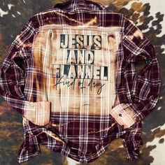 🍂 Fall Flannels 🍂 PREORDER Stamped with a faith based design and hand bleached! They are high quality, unisex in sizing, warm, and soft. No two are ever exactly the same pls make sure you express that to your customers!! Sizes XS - 3XL (they fit unisex & TTS…size up for a baggy fit). They are not 100% cotton. They are washed after bleaching so there is minimal shrinking. Print options - Jesus and Flannel Kind of Day, Three Crosses, Let me tell you about my Jesus, and Beauty from Ashes. ... Bleaching Flannels Diy, Bleach Shirt Diy, Beauty From Ashes, Three Crosses, My Jesus, Bleach Shirt, Fall Flannel, White Flannel, Shirt Diy