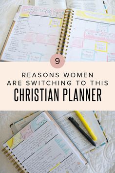 a notebook with the title 9 reason women are switching to this christian planner on it