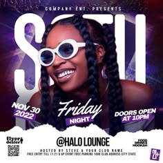 the flyer for soul friday night with an image of a woman wearing sunglasses and smiling