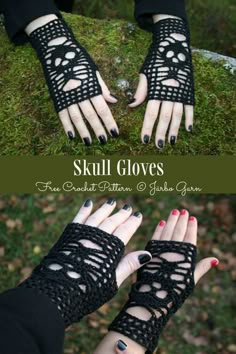 two photos of hands with black crocheted gloves on them and the words skull gloves written