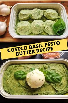 two pans filled with pesto, basil and butter