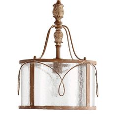 a light fixture with a glass shade on the bottom and an iron frame around it