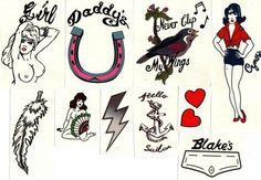 several different tattoos are shown on a white sheet with black and red lettering in the middle