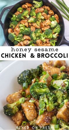 chicken and broccoli stir fry in a skillet with the words honey sesame chicken and broccoli