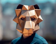 a person wearing a paper mask with an animal's head cut out on it