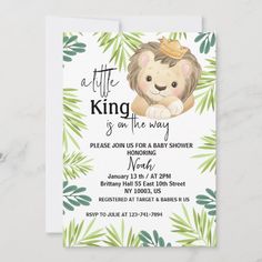 a little lion is on the way baby shower card with jungle leaves and greenery