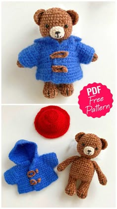 crocheted teddy bear with blue coat and red ball on white background, free pattern