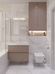 a modern bathroom with marble walls and flooring, including a white toilet and sink