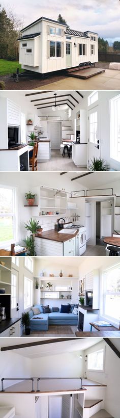 four different views of a house from the outside, inside and out with windows on each side