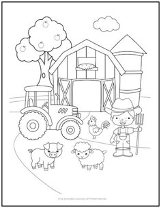 a farm scene with animals and a farmer in the field coloring page for kids to color